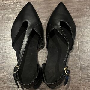 Pointed Toe Black Leather Flats with Ankle Strap
